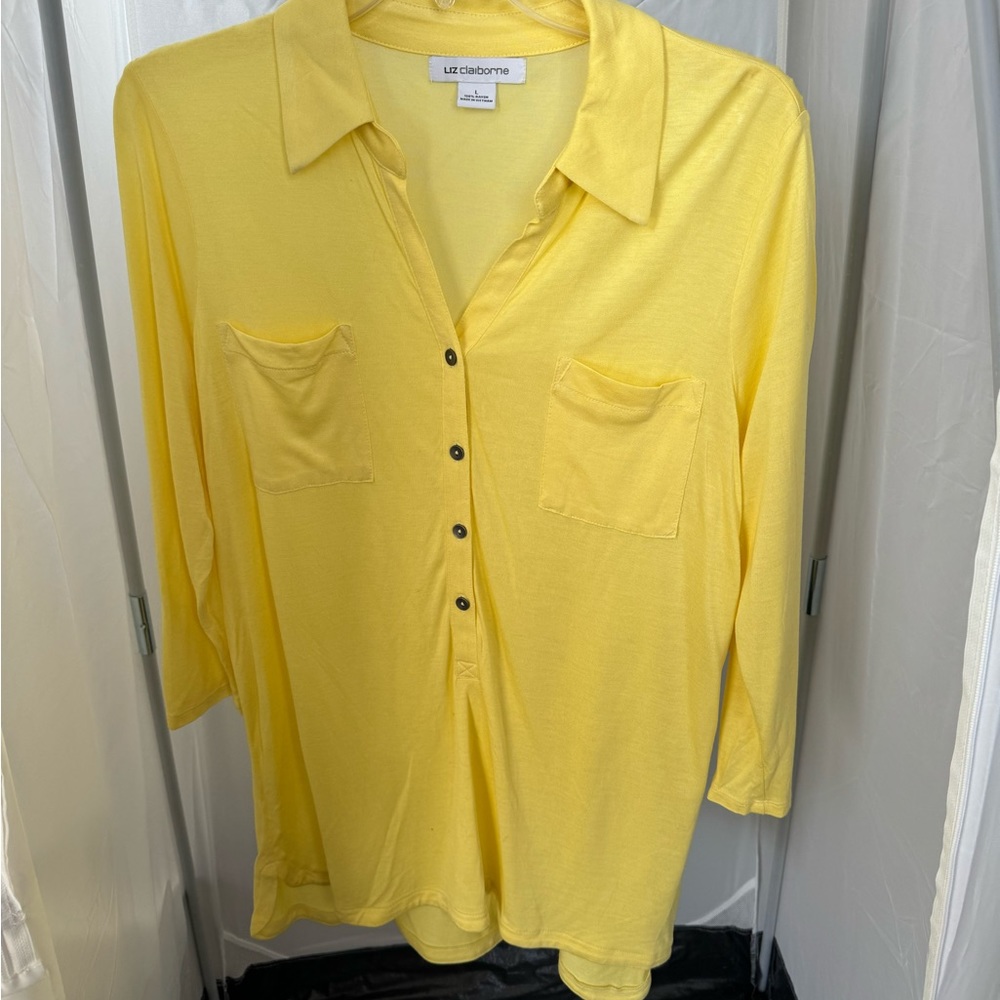 Liz Claiborne yellow long Sleeve 3/4 button down pullover top 100% Rayon NWT